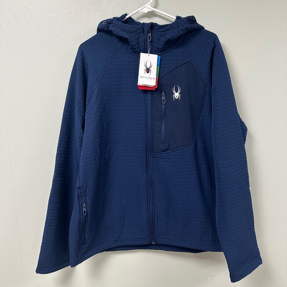 Spyder Mens XL Navy Blue Full Zip Waffle Fleece Hooded Jacket HydroWeb NWT